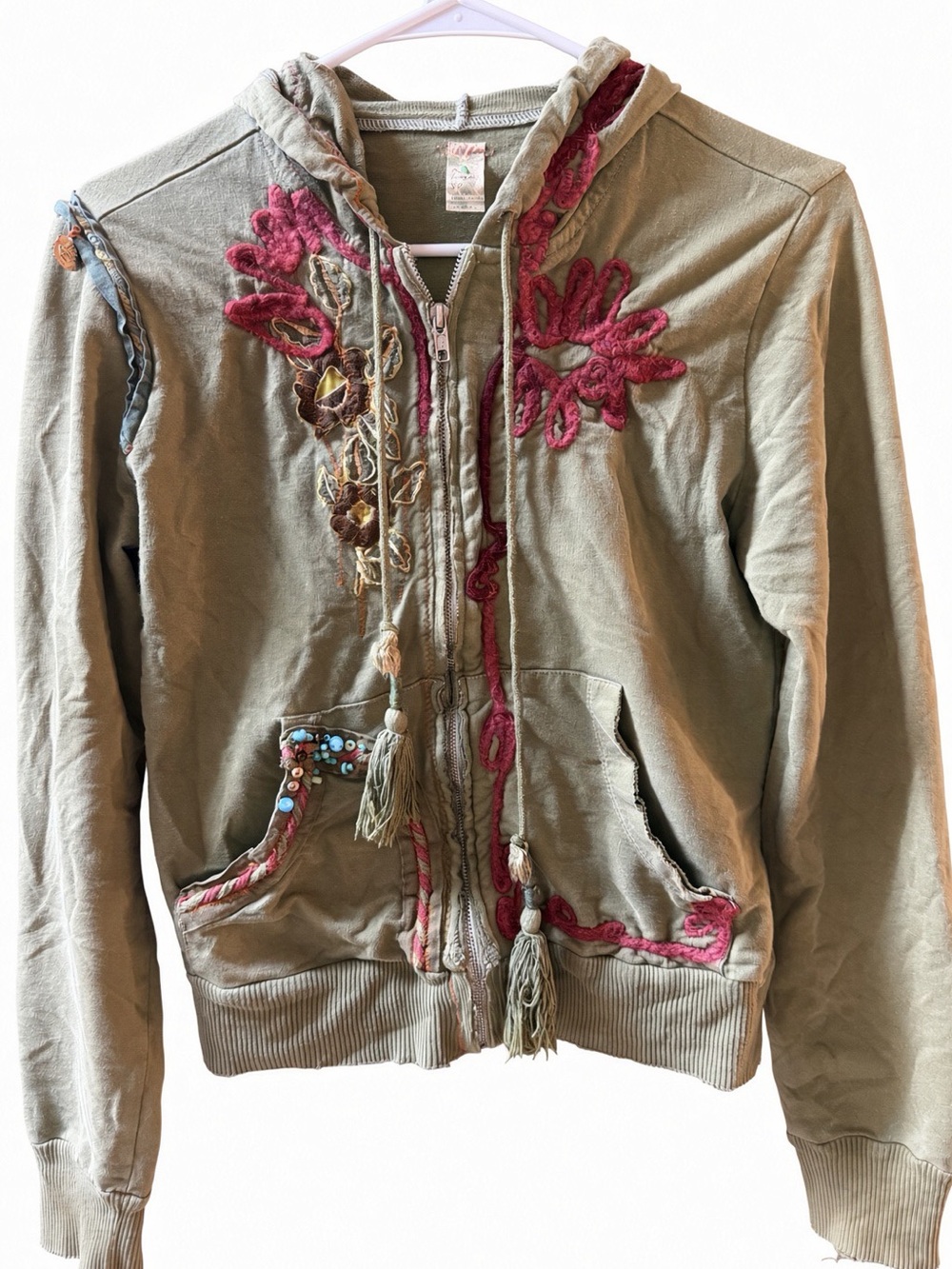 VTG Free People Embellished Boho Hoodie Size Small Cowrie Shell